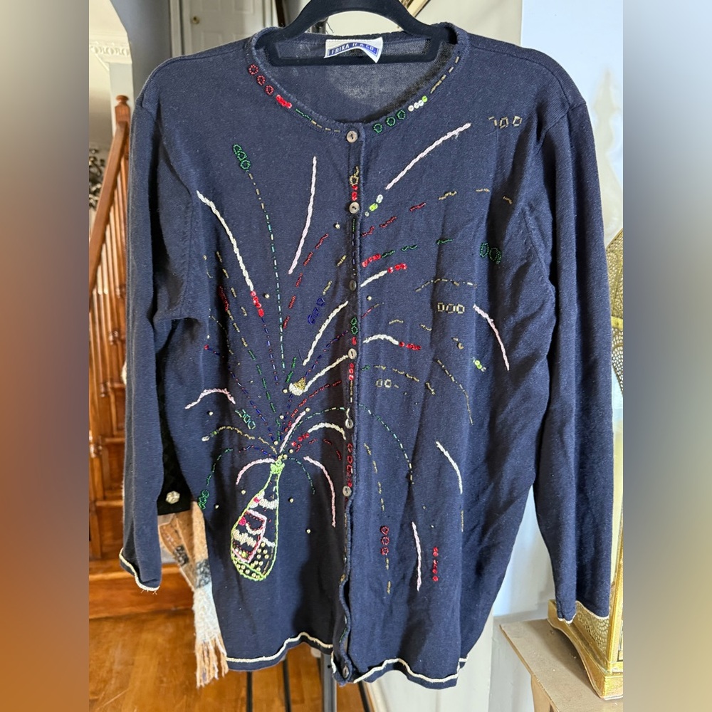 Black Holiday Cardigan with champaign and Fireworks beaded and embroidered.